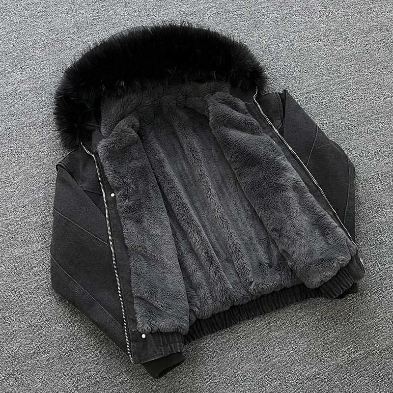 Unisex Wattierte Bomberjacke mit großer Kapuze und Kunstfellbesatz Shop Nory