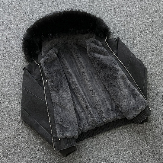 Unisex Wattierte Bomberjacke mit großer Kapuze und Kunstfellbesatz Shop Nory