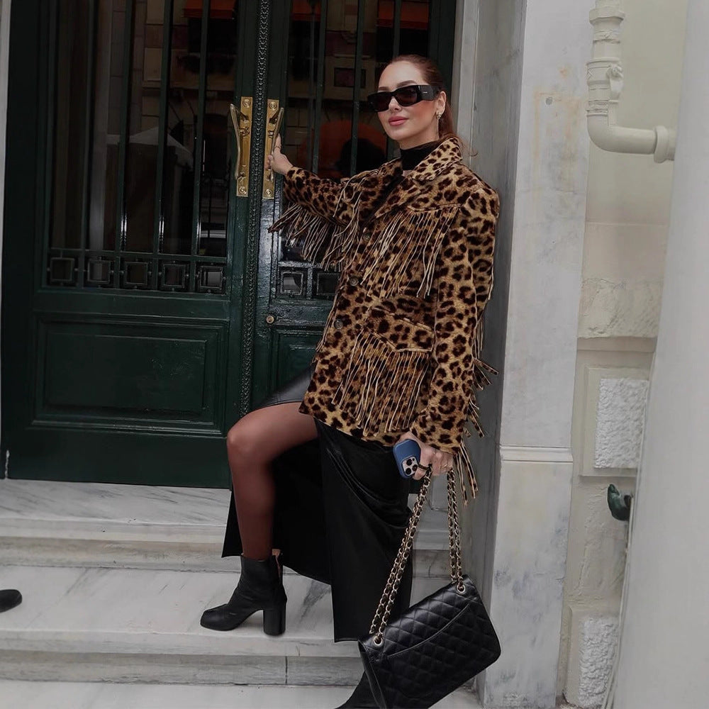 Damen Leoparden-Wildlederjacke mit Fransen und modischem Schnitt
