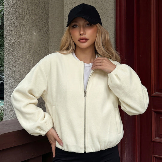 Damen Gefütterte Teddy-Fleece Bomberjacke mit Reißverschluss, elastischem Saum und Eingrifftaschen Shop Nory