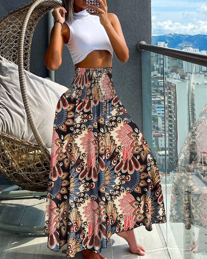 Damen Maxirock mit hohem Smockbund und weitem Boho-Print Shop Nory