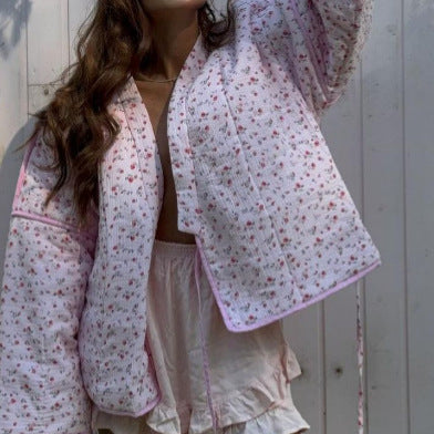 Damen Gepolsterte Kurz-Steppjacke mit floralem Micro-Print, Kontrastpaspel & Boxy-Silhouette Shop Nory