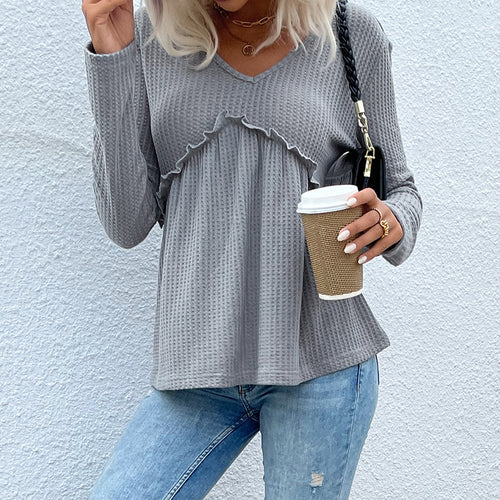 Damen Strukturierte Waffelstrick-Bluse mit V‑Ausschnitt und Rüschendetail Shop Nory