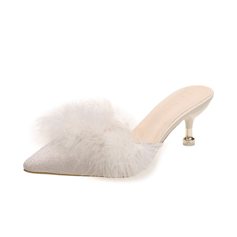 Damen Elegante Mules mit luxuriösen Federn und schickem Absatz