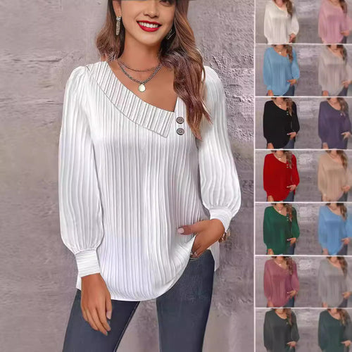 Damen Plissee-Bluse mit asymmetrischem Ausschnitt und Knopf-Details