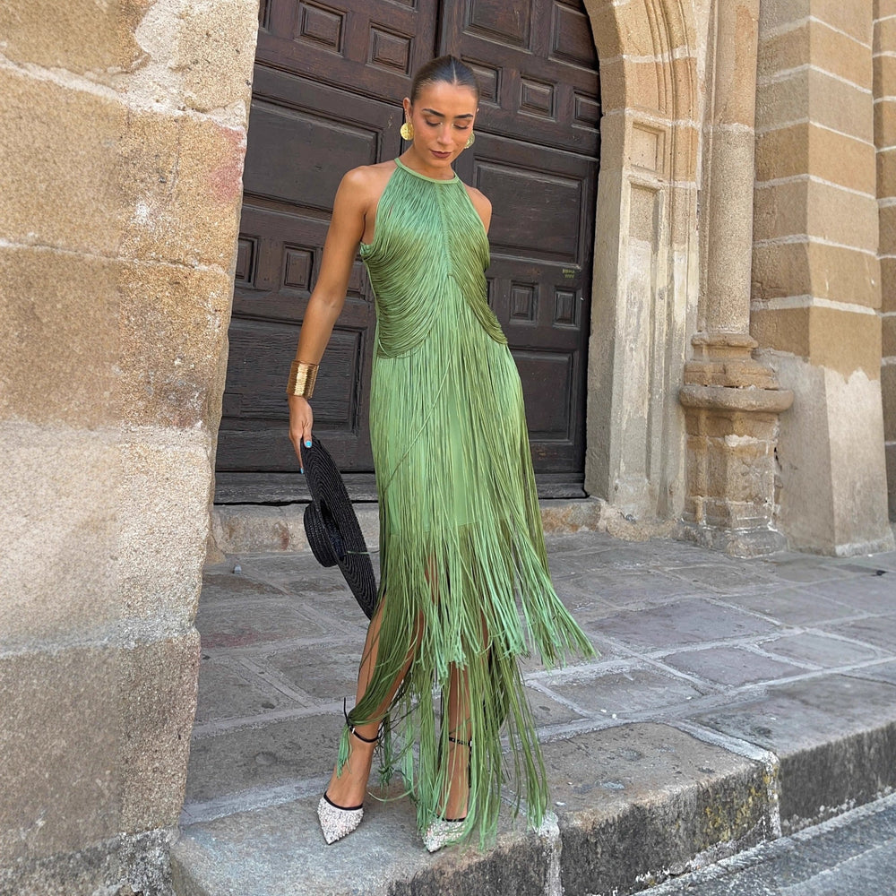 Damen Fransen Maxikleid mit elegantem Schnitt und fließendem Design