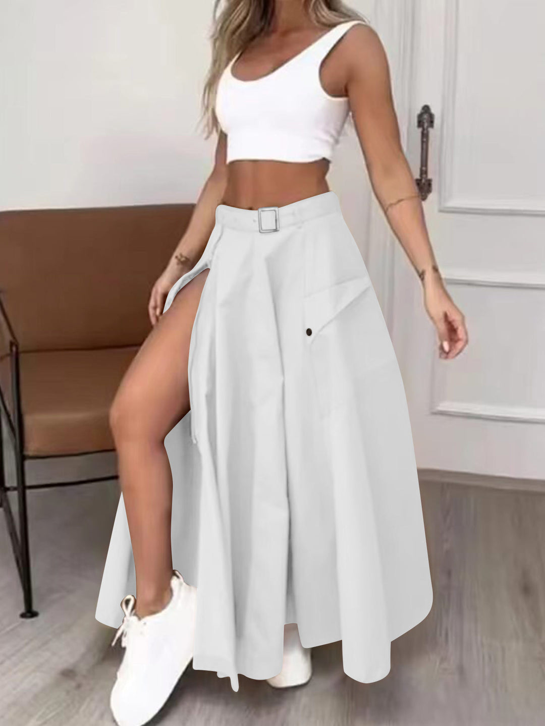Damen Maxirock mit hohem Beinschlitz, Cargo-Taschen und Taillengürtel Shop Nory