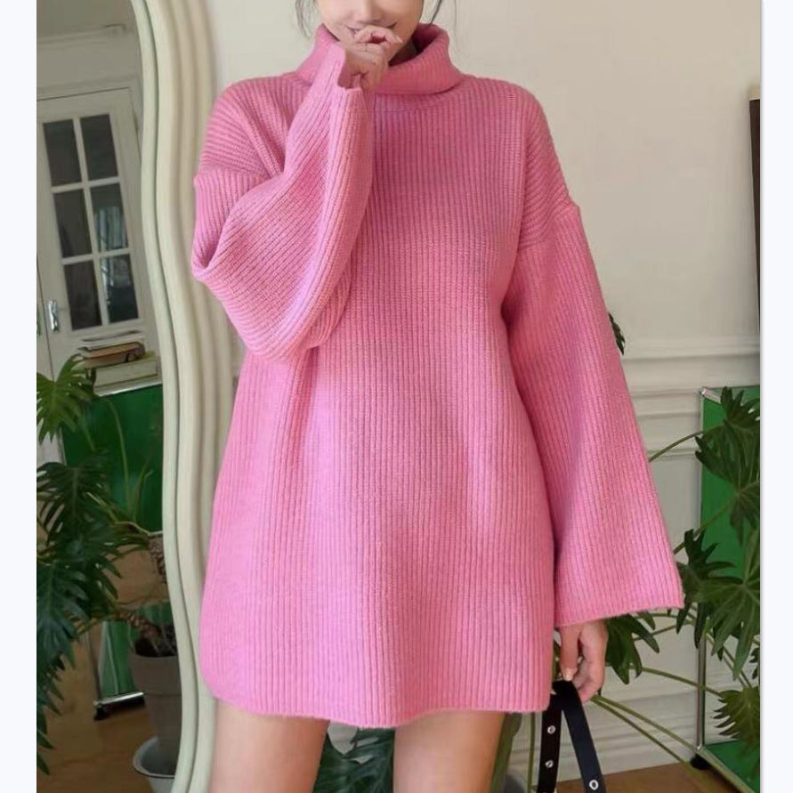 Damen Langer Strickpullover mit hohem Kragen und weit ausgestellten Ärmeln