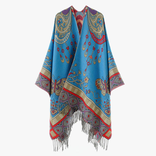 Damen Gewebter Kimono-Poncho mit Ornamentjacquard, V-Ausschnitt und Fransensaum Shop Nory