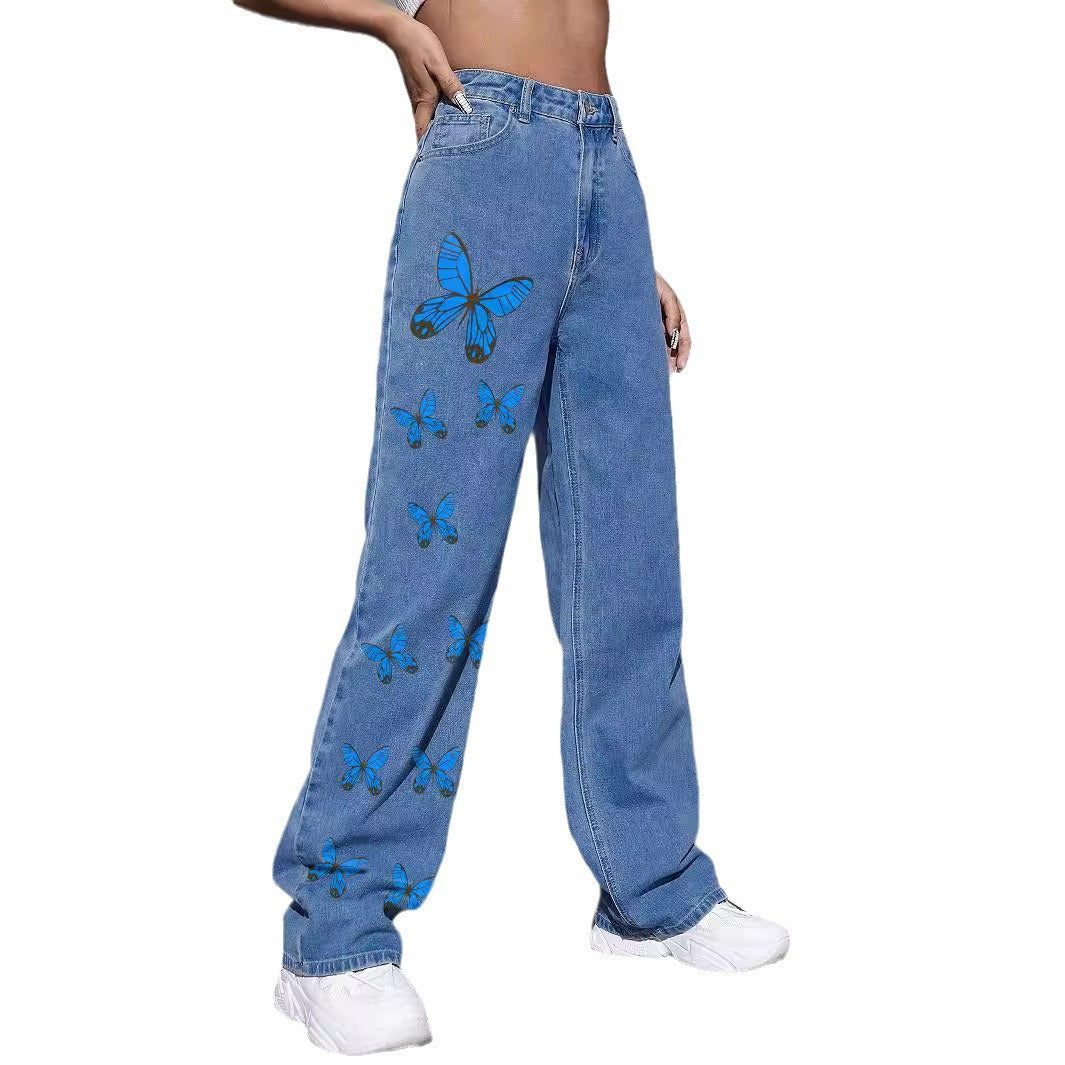 Damen Weite Jeanshose mit Schmetterlings-Print Shop Nory