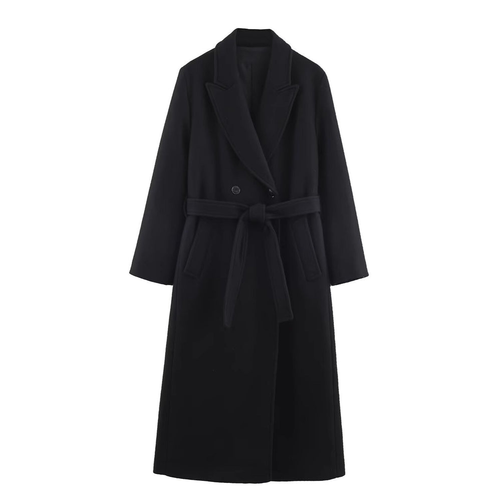 Damen Langer Taillierter Wollmix-Mantel mit Bindegürtel und Reverskragen Shop Nory
