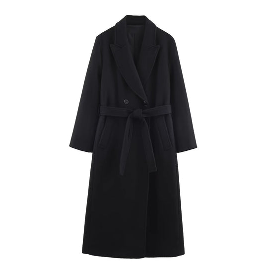 Damen Langer Taillierter Wollmix-Mantel mit Bindegürtel und Reverskragen Shop Nory