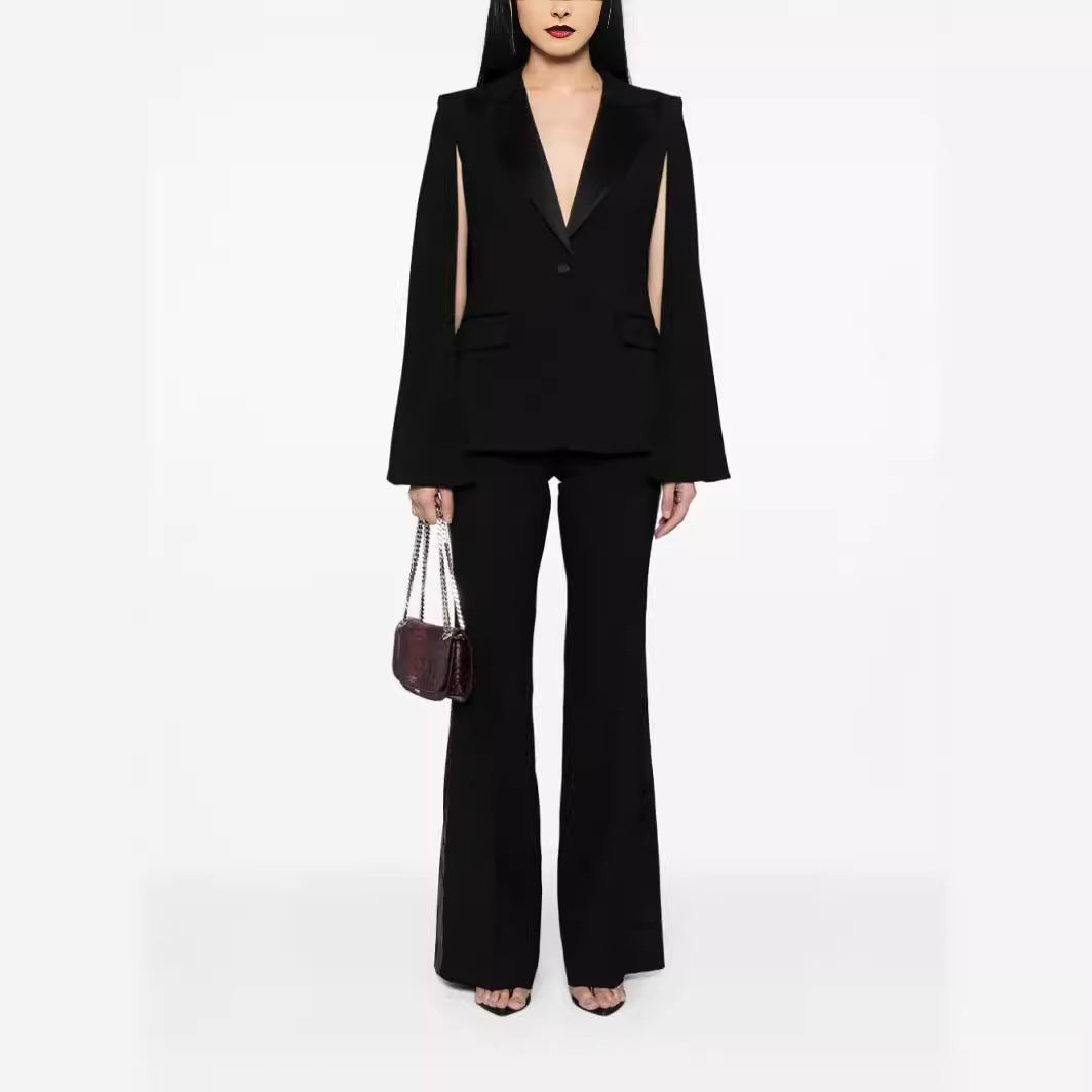 Damen Zweiteiliges Abendliches Blazer-Set mit Cape-Ärmeln und ausgestellten Marlene-Hosen Shop Nory