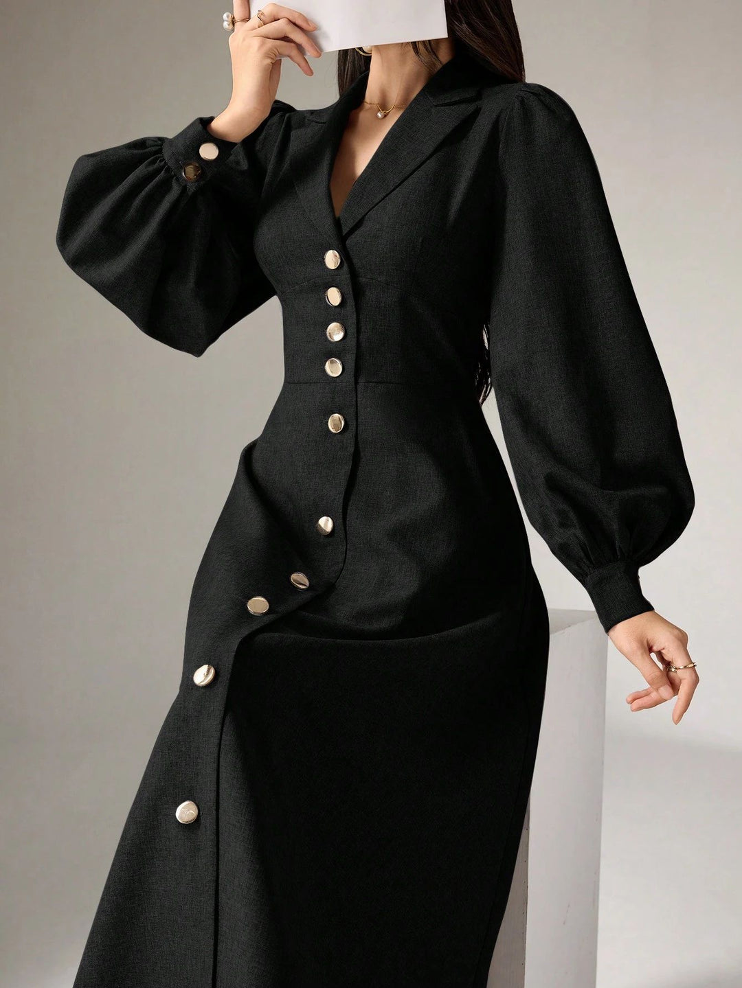 Damen Tailliertes Midikleid mit Ballonärmeln und Reverskragen Shop Nory