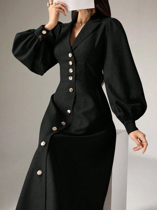 Damen Tailliertes Midikleid mit Ballonärmeln und Reverskragen Shop Nory