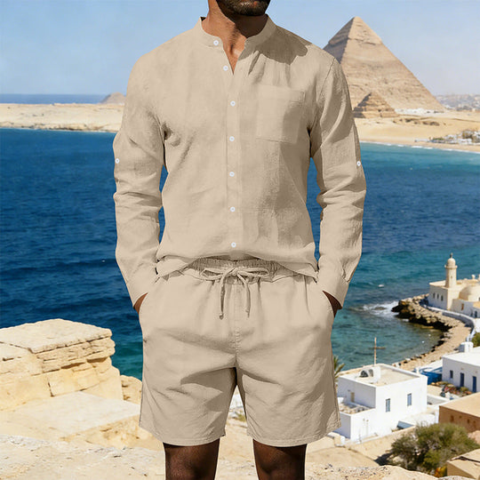 Herren nan sommerliches Leinen-Set mit Stehkragenhemd und Kordelzug-Kurzhose