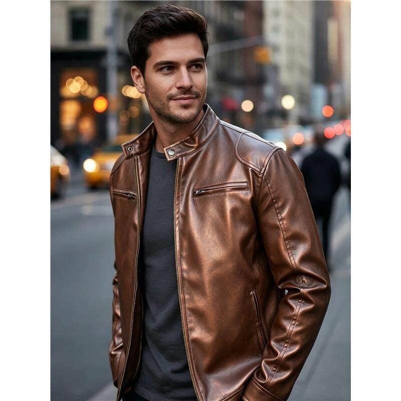 Herren Biker‑Style Kunstlederjacke mit Stehkragen und Reißverschlusstaschen Shop Nory