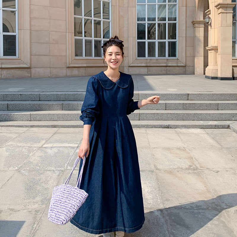 Damen Langes Chambray-Midaxi-Hemdkleid mit geraffter Taillenpasse und weitem Rockfalten Shop Nory