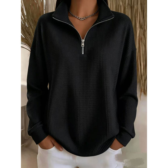 Damen Waffelstrick-Sweatshirt mit halbem Reißverschluss und Stehkragen Shop Nory
