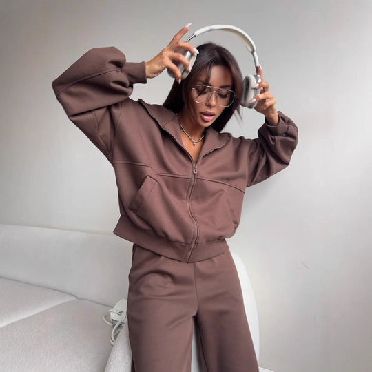 Damen Oversized Hoodie-Jacke mit hoher Stehkapuze und gerader Relax-Sweathose Shop Nory