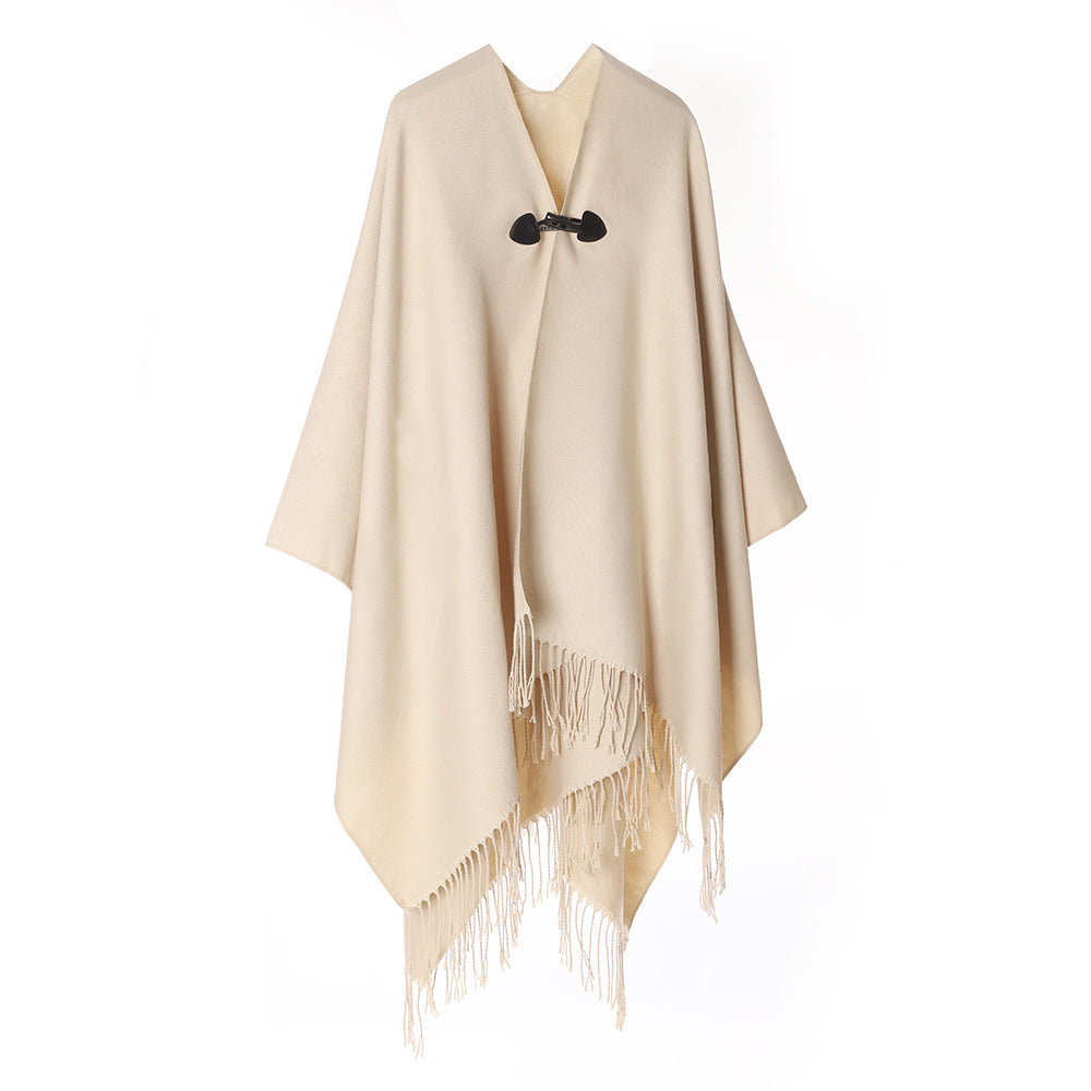 Damen Leichter Wasserfall‑Poncho mit Knebelverschluss, asymmetrischem Saum und Fransenkante Shop Nory