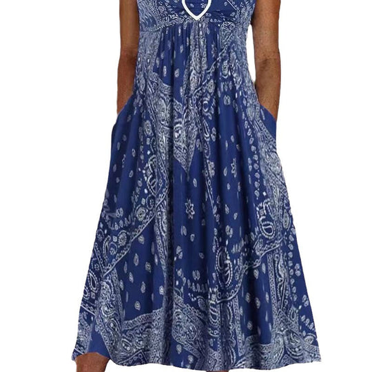Damen nan luftiges Maxi-Kleid mit Paisley-Bandana-Print, geraffter Empire-Taille und praktischen Seitentaschen