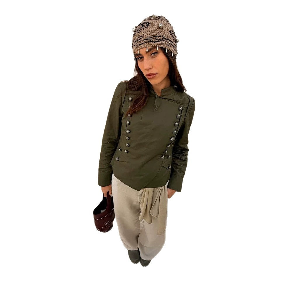 Damen Militärinspirierte Kurzjacke mit Stehkragen und Zierknopfleiste Shop Nory