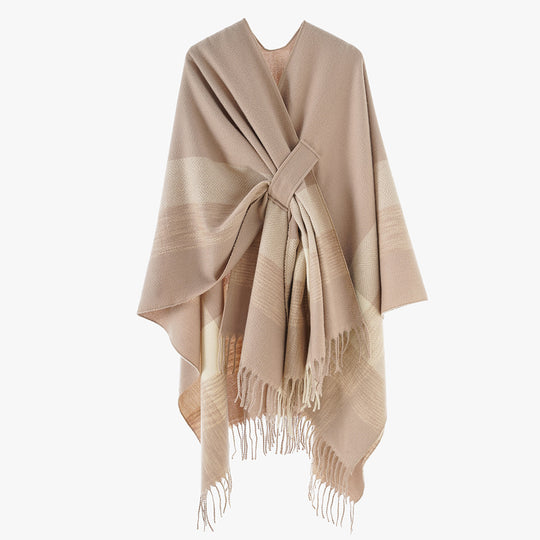 Damen Cape‑Poncho aus Wollmix mit Schlitzgürtel, geometrischem Jacquard und Fransensaum Shop Nory