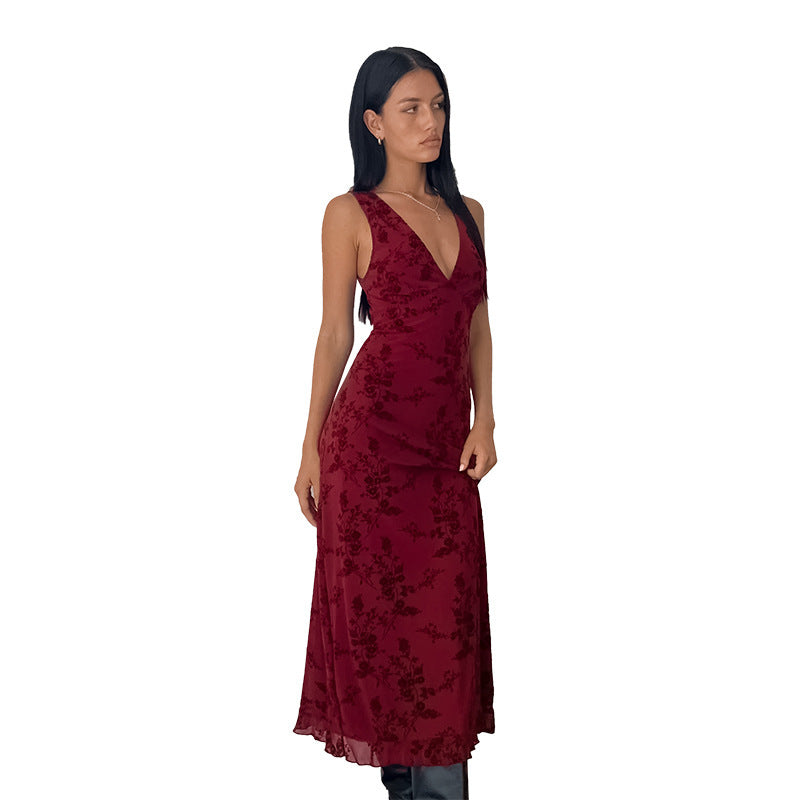 Damen Maxikleid mit floralem Spitzenmuster und tiefem V-Ausschnitt