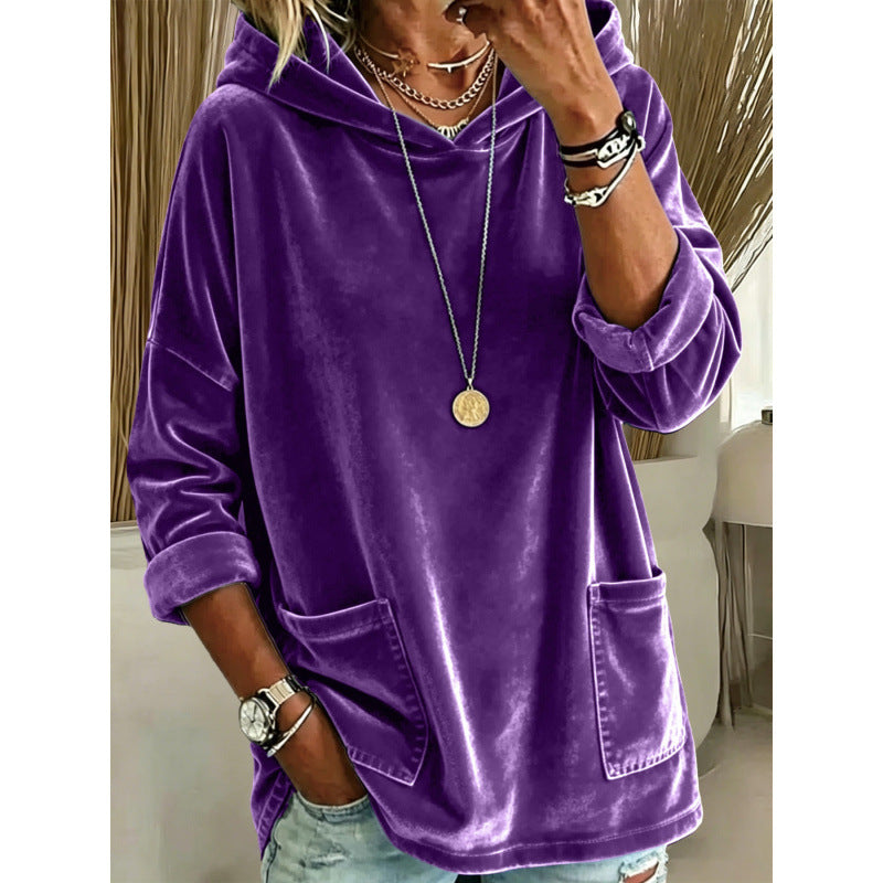 Damen Samt-Hoodie mit Kapuze, Oversize-Schnitt und aufgesetzten Taschen Shop Nory