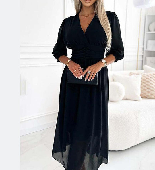 Damen Chiffon Maxi Kleid mit V-Ausschnitt, Rüschengesäß und 3/4 Ärmeln Shop Nory