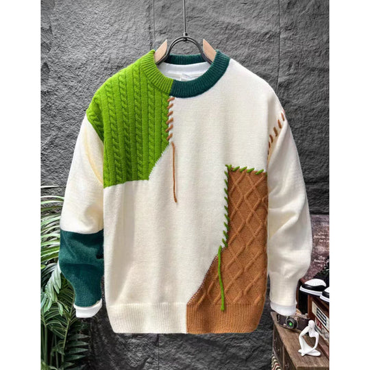 Unisex Patchwork-Oversize-Strickpullover mit Zopf- und Rautenmuster, dekorativen Kontrastnähten und Rundhalsausschnitt Shop Nory