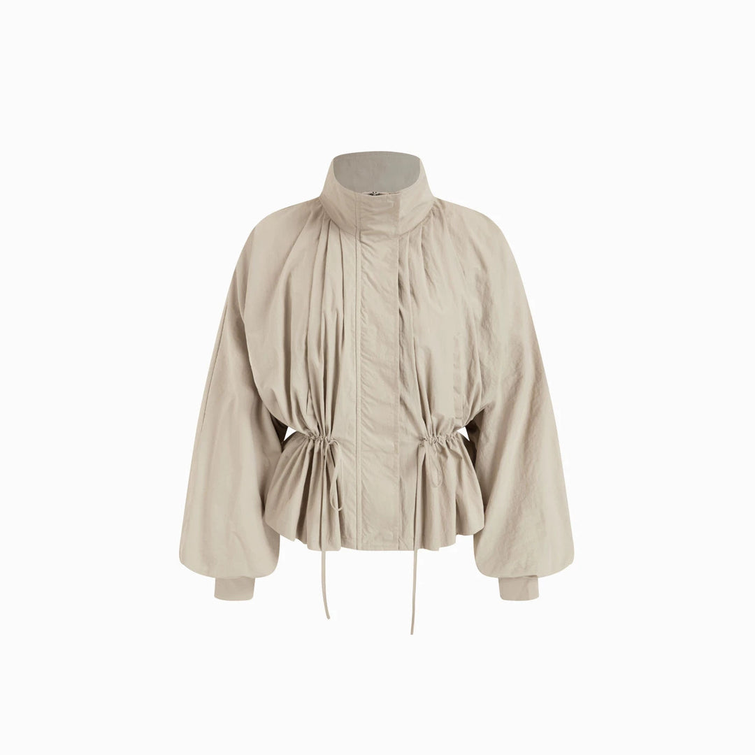 Damen Taillierte Übergangsjacke mit Tunnelzug, Stehkragen und Ballonärmeln Shop Nory