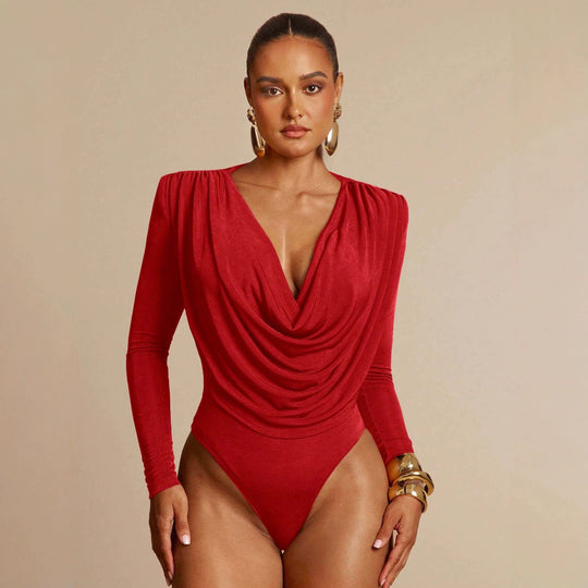 Damen Drapiertes Body mit Wasserfallausschnitt, gerafften Schultern und langen Ärmeln Shop Nory