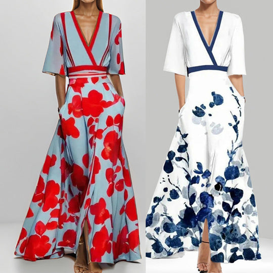 Elegantes V-Ausschnitt Bedrucktes Taillenkleid mit Schößchen