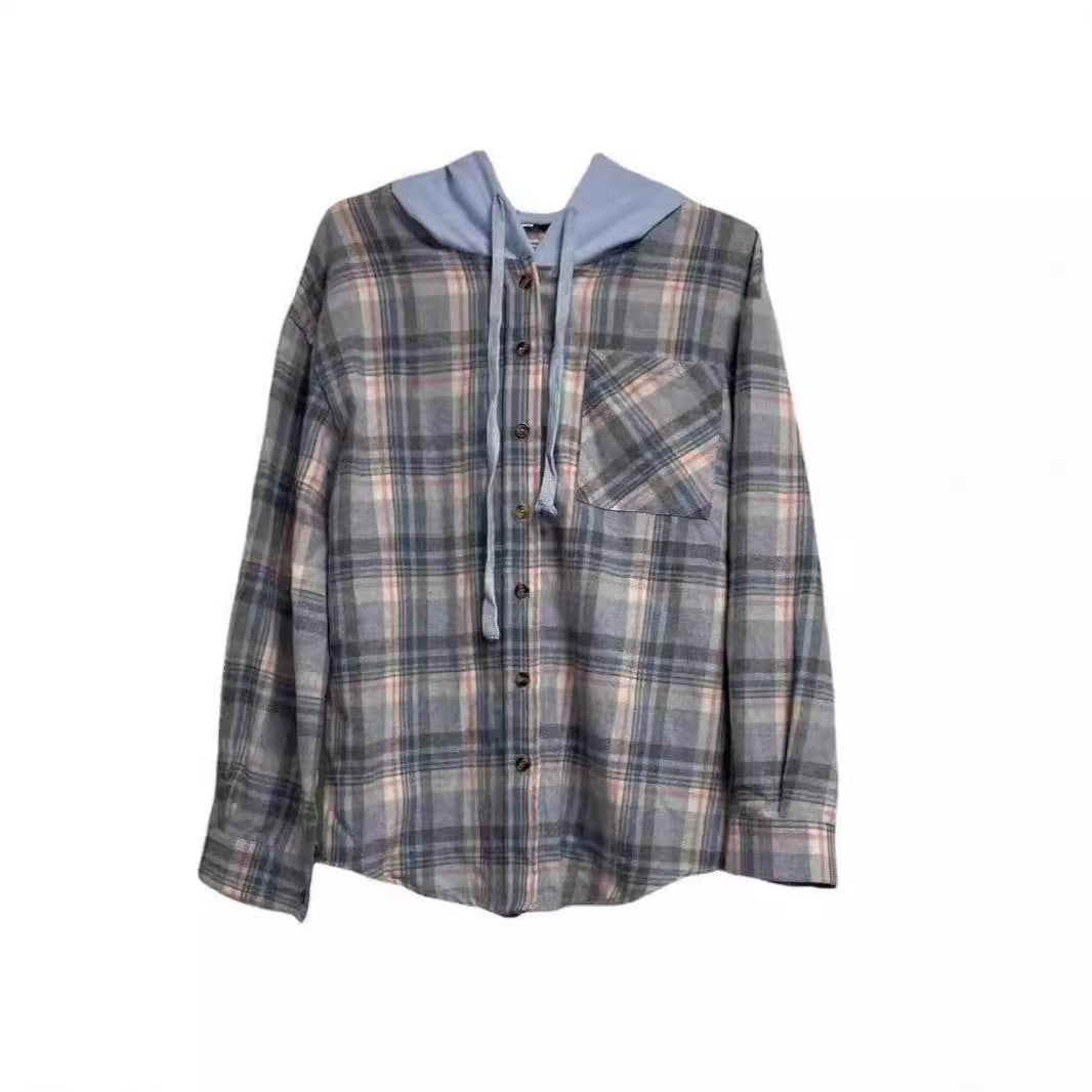 Damen nostalgische Karobluse mit Kapuze und Knopfverschluss