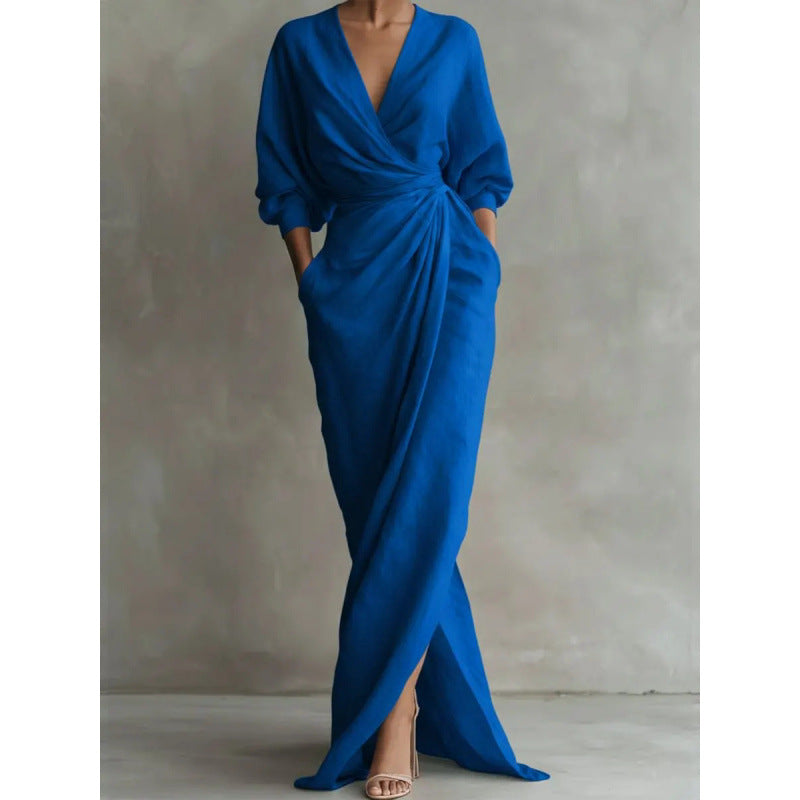 Damen Drapiertes Wickel-Maxikleid mit tiefem V-Ausschnitt, Taillen-Twist und Eingrifftaschen Shop Nory