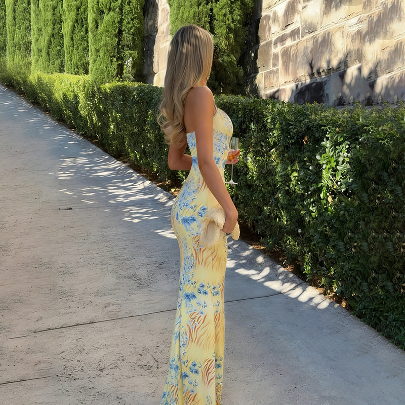 Damen figurbetontes Maxikleid mit floralem Muster und sexy Schlitz