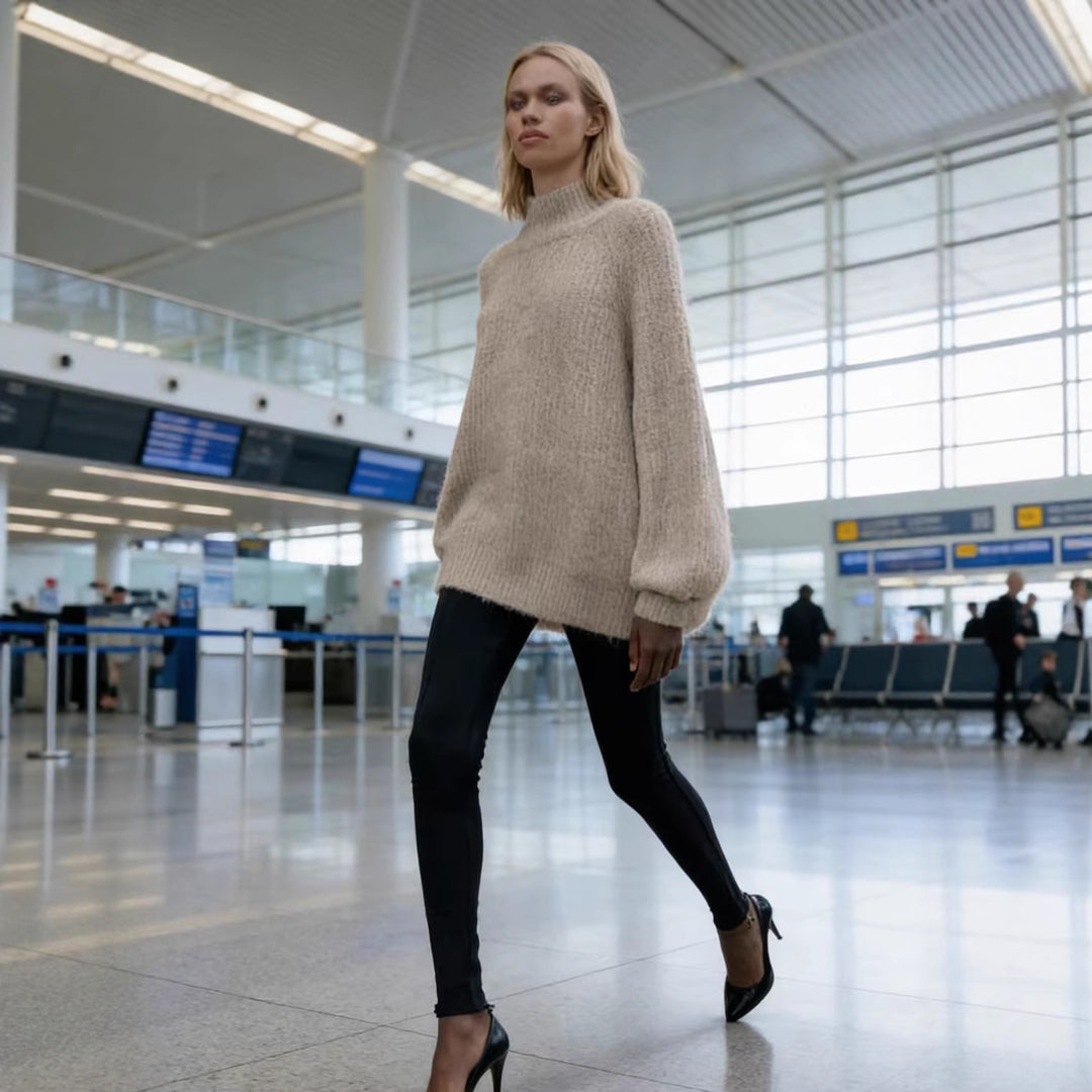 Damen Oversize Mohair-Optik Strickpullover mit Stehkragen und Ballonärmeln Shop Nory