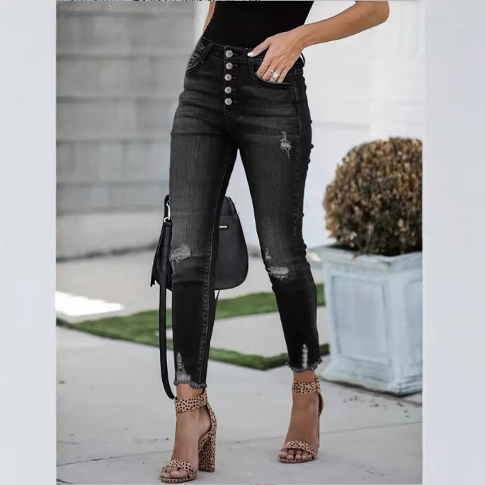 Damen Hochtaillierte Skinny-Jeans mit sichtbarer Knopfleiste, Destroyed-Kniepartien und rohem Knöchel-Saum Shop Nory
