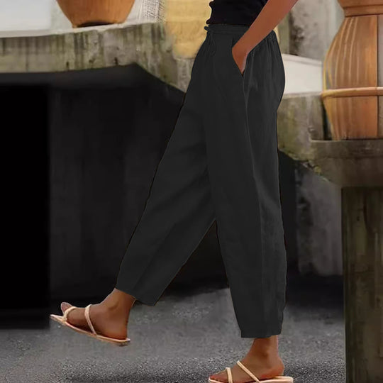 Damen Leinen-Mischung Cropped-Hose mit elastischem Bund, Kordelzug und Seitentaschen Shop Nory