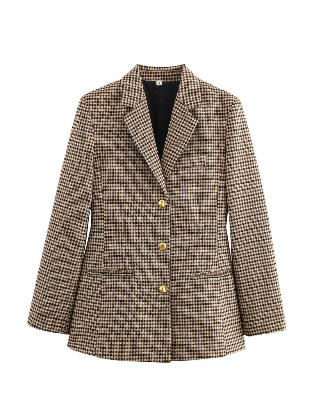Damen karierten Blazer mit goldenen Knöpfen und praktischen Taschen Shopnory