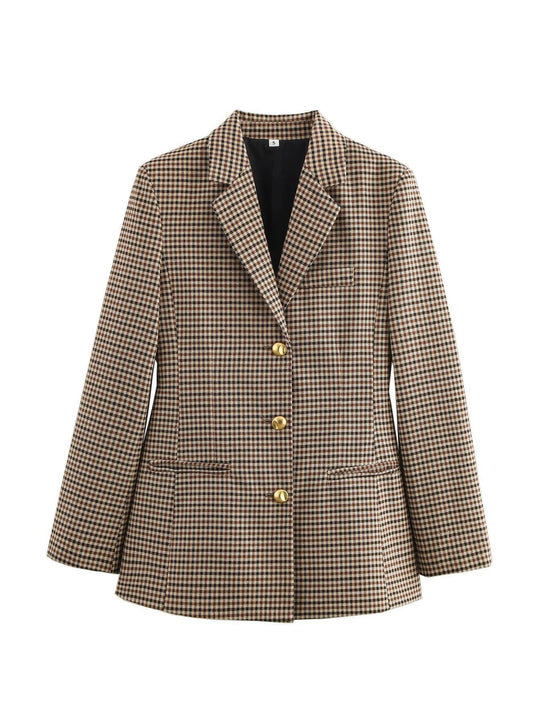 Damen karierten Blazer mit goldenen Knöpfen und praktischen Taschen Shopnory