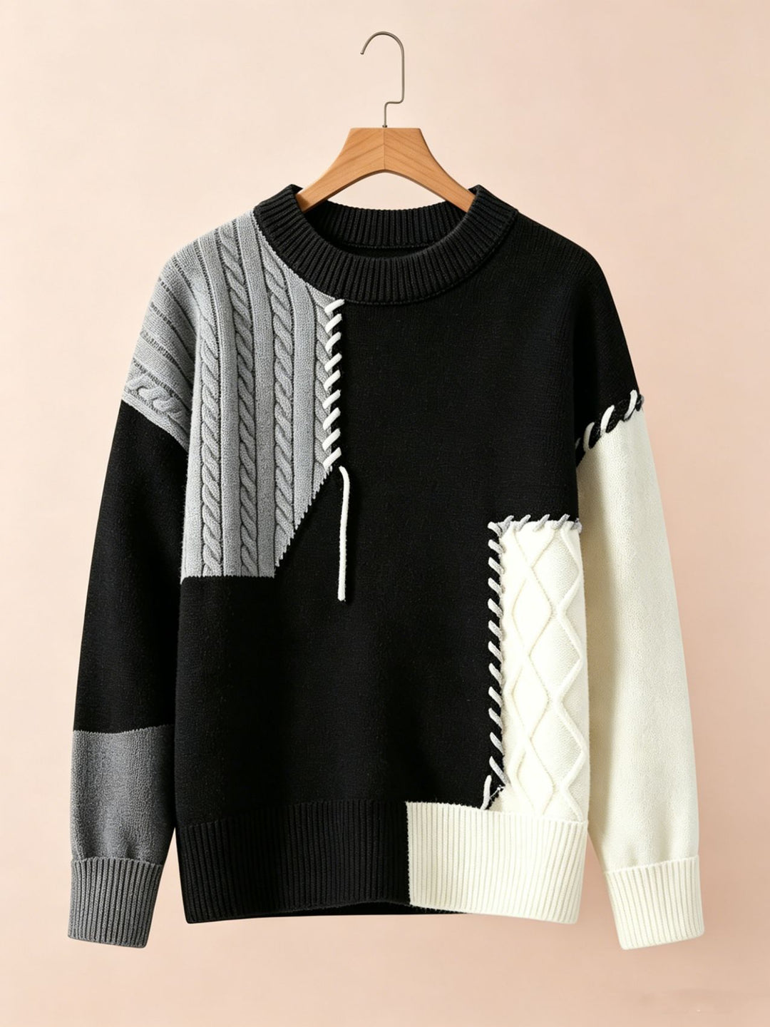 Damen Oversize Strickpullover im Patchwork‑Design mit Zopfmuster‑Einsätzen Shop Nory