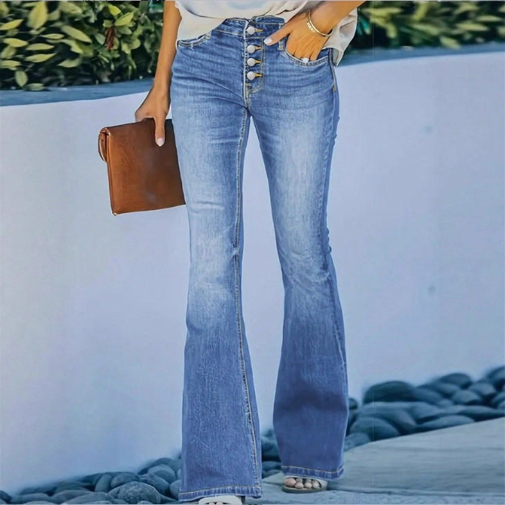 Damen taillenhohe Schlagjeans mit dekorativer Knopfleiste und sculptendem Sitz Shop Nory