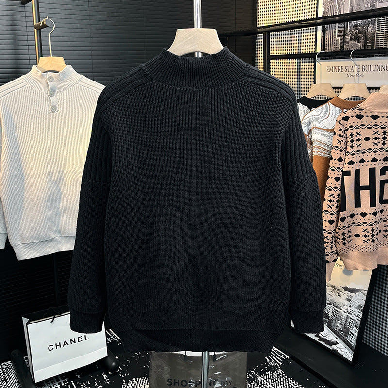 Herren Grobstrick-Pullover mit halber Knopfleiste und hohem Stehkragen Shop Nory
