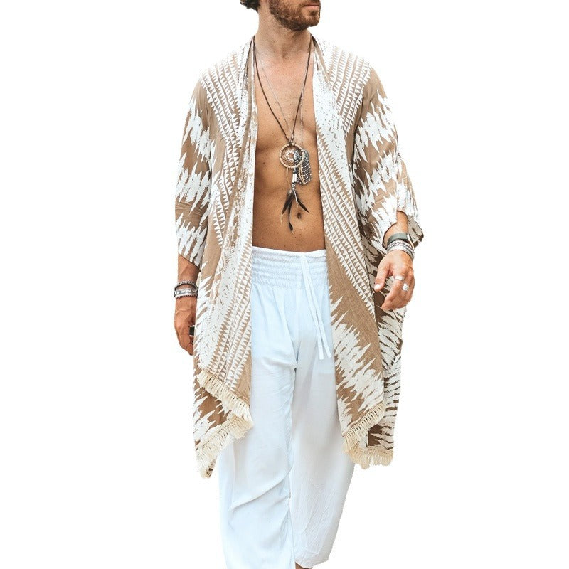 Herren Leichter Ethno-Strandkaftan mit V-Ausschnitt und Fransen Shop Nory