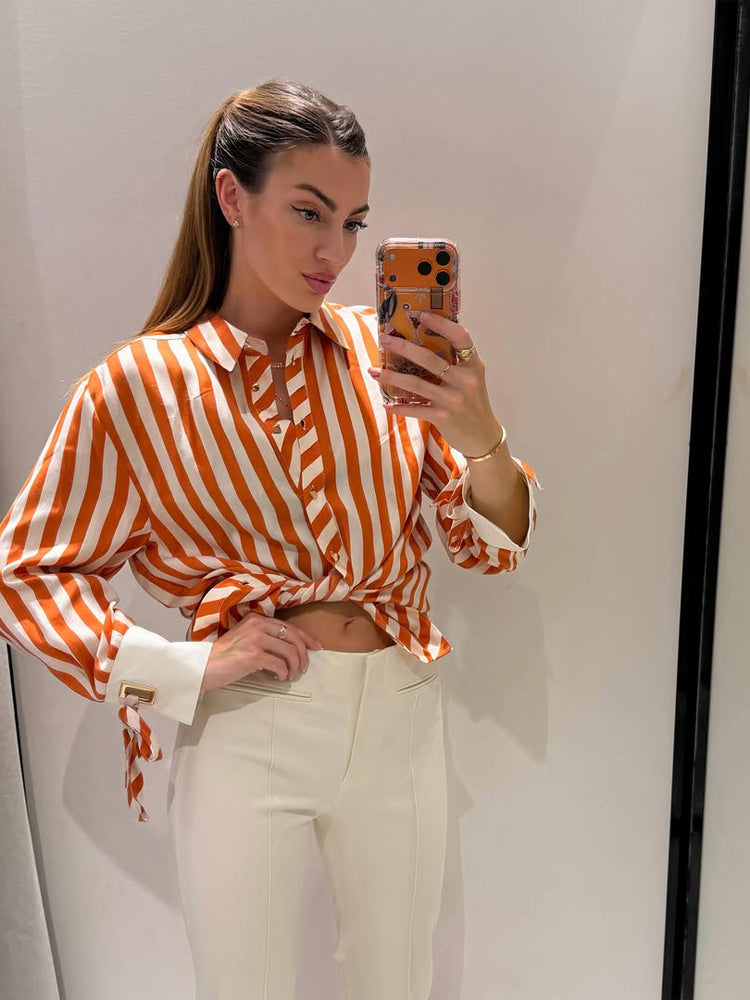 Damen Gestreifte Oversize-Hemdbluse mit kontrastierenden Manschetten & Knotenabschlüssen Shop Nory