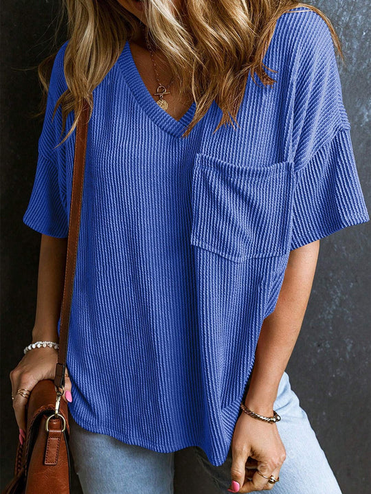 Damen Lässiges Rippstrick Oversize T-Shirt mit V-Ausschnitt und Brusttasche Shop Nory