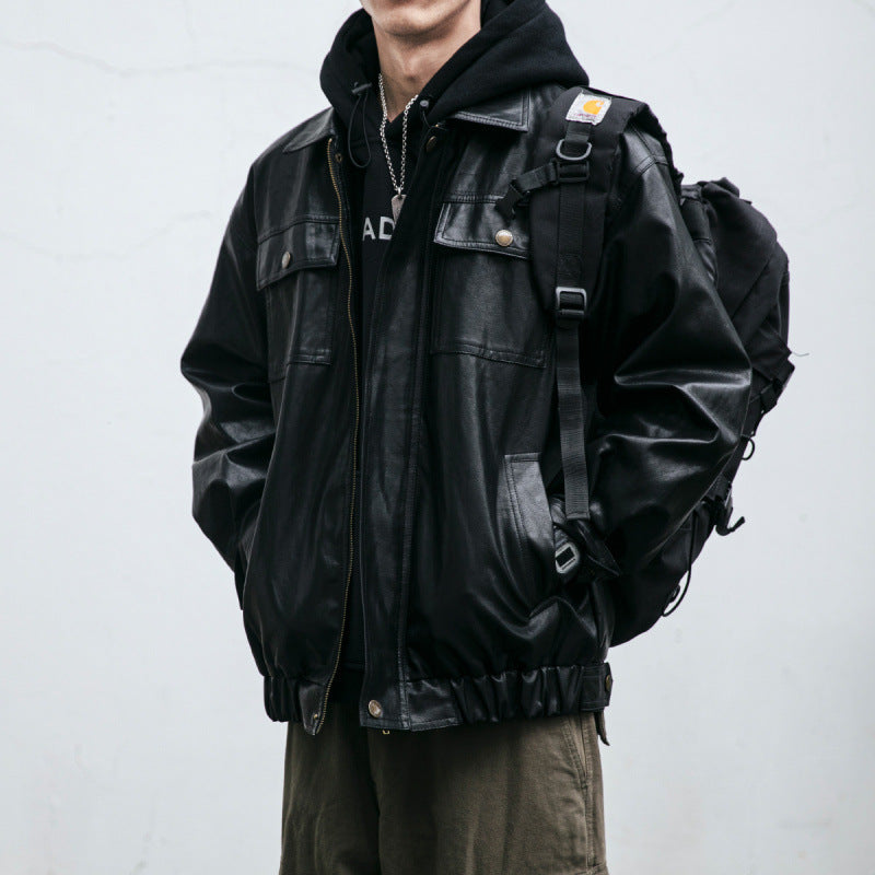 Herren Oversized Lederoptik-Utility-Jacke mit Pattentaschen und elastischem Saum Shop Nory